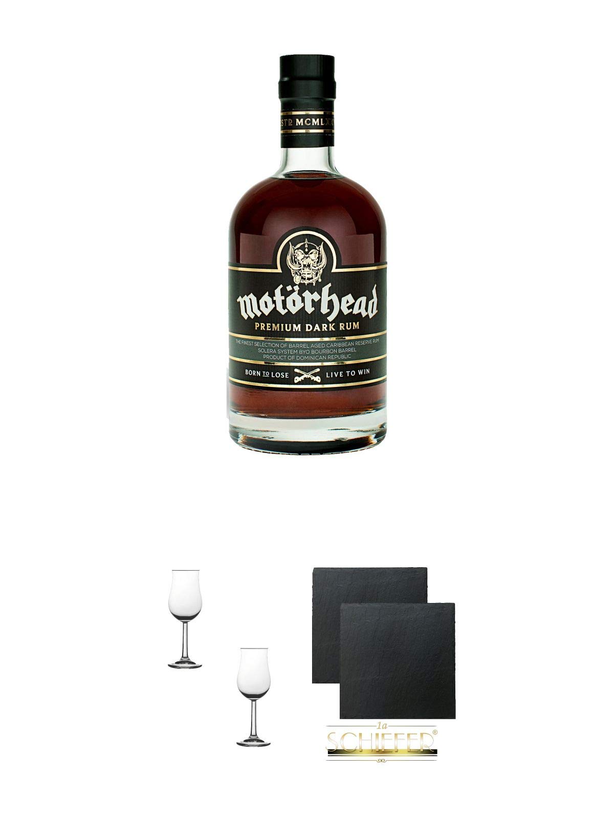 Motörhead RUM 0,7 Liter + Nosing Gläser Kelchglas Bugatti mit Eichstrich 2cl und 4cl - 2 Stück + Schiefer Glasuntersetzer eckig ca. 9,5 cm Ø 2 Stück