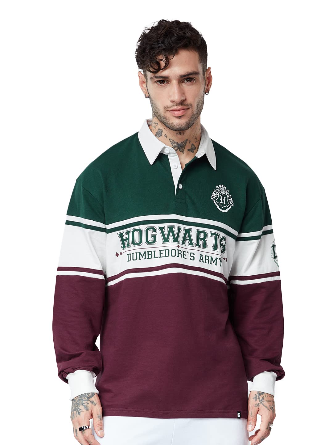 The Souled Store Harry Potter: Dumbledore's Army Men and Boys Long Sleeves Collared Neck Regular Fit Graphic Printed Cotton Multicolored Rugby Polos