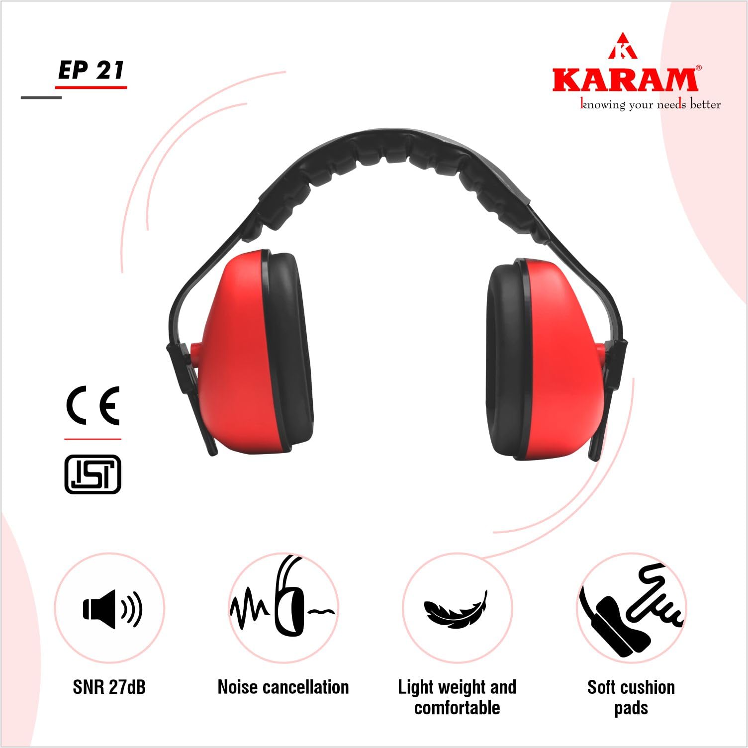 Karam EP21 High Noise Reduction Safety Ear Muff | Adjustable, Comfortable & Lightweight Hearing Protection for Construction, Shooting & Industrial Use | Noise Cancelling Earmuffs with SNR 27dB - Image 3 thumbnail