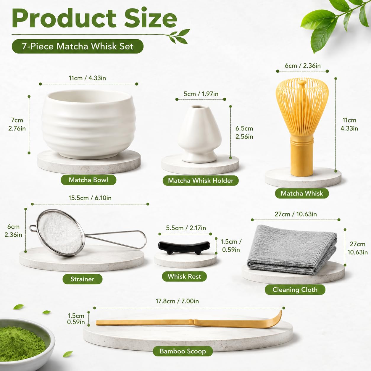 Kit complet pour matcha 7 pièces avec fouet et bol en bambou, tamis, cuillère, support pour fouet et accessoires à thé (blanc)
