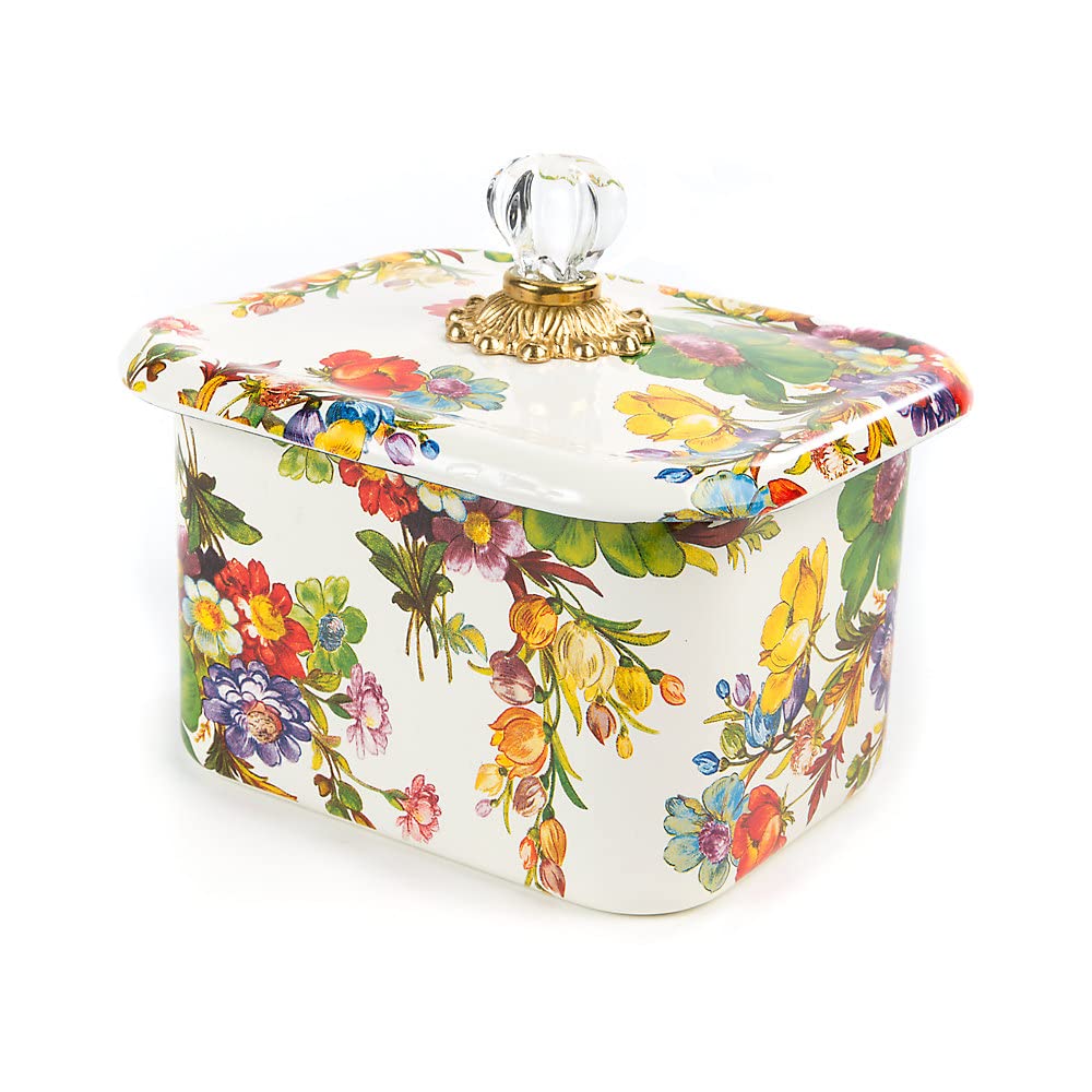 Enamel Recipe Box, Index Card Box with Lid, Includes 40 Recipe Cards, White Flower Market