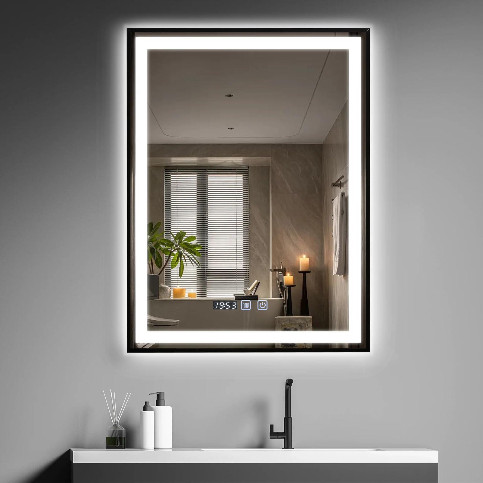 YU YUSING Espejo Baño con Luz LED Regulable, 60x80cm, Espejo de Pared 3 Colores, Marco Metal, Espejos de Baño con Interruptor Táctil, Antivaho, Visualización Tiempo, IP44, Vertical, Negro