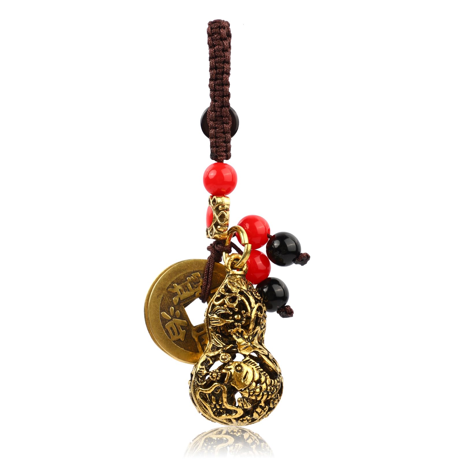 Mayoii Pure Brass Hollow Gourd Car Keychain, Feng Shui Five Emperors Copper Money Key Chain Pendant, Zhaocai Town House Lucky Coins Amulet for Chinese New Year Decorations Gifts (red_style)