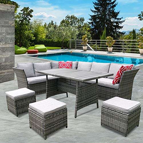 Lovinouse 7 Piece Patio Furniture Sets, Outdoor Conversation Set, All Weather Wicker Sectional Sofa Couch, with Dining Table and Ottoman, Cushions, Red Pillows, for Backyard Garden (Gray)