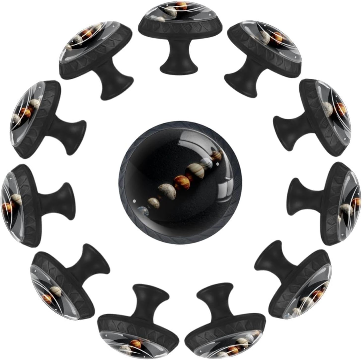 Black Base Solar System Planets (3) Glass Pulls, Patterned Drawer Knobs for Kitchen Cupboard and Dresser
