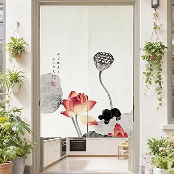 MYRU Japanese Noren Doorway Curtain Tapestry Entrance Feng Shui Door Curtain Red Lotus,33.5 Inches x 59 Inches
