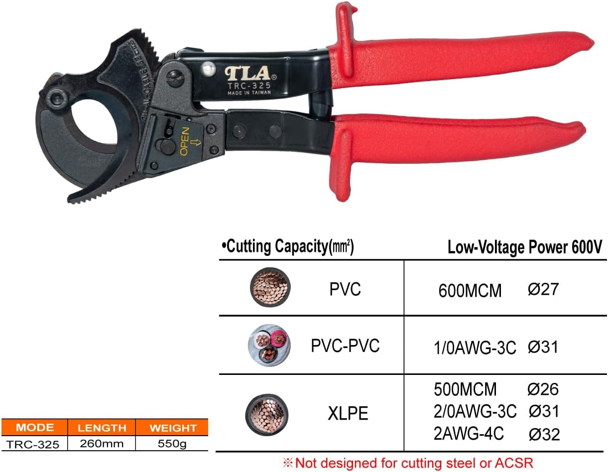 Teleantool (TLA) TRC-325 Ratcheting Cable Cutter – Cuts Copper, Aluminum & Multi-Core Cables up to 325mm², Built for Pros & DIY Projects