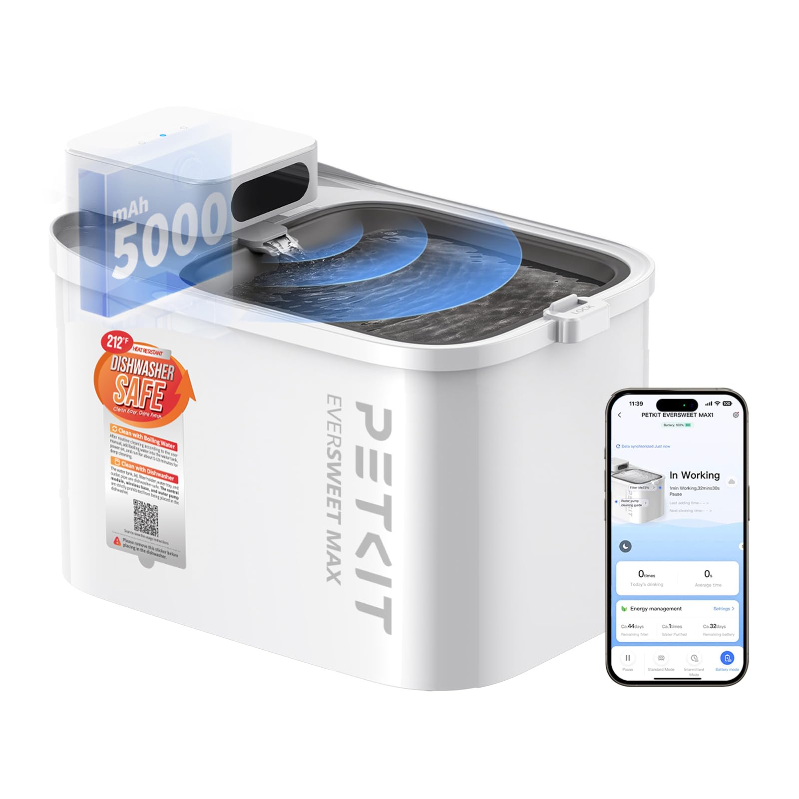 PETKIT Wireless Cat Water Fountain, EVERSWEET MAX 2, Heat-Resistant Material for Hot Water Cleaning and Dishwasher-safe, Battery Operated Cat Fountain with Motion Sensor & App Control, Ultra Quiet, 3L