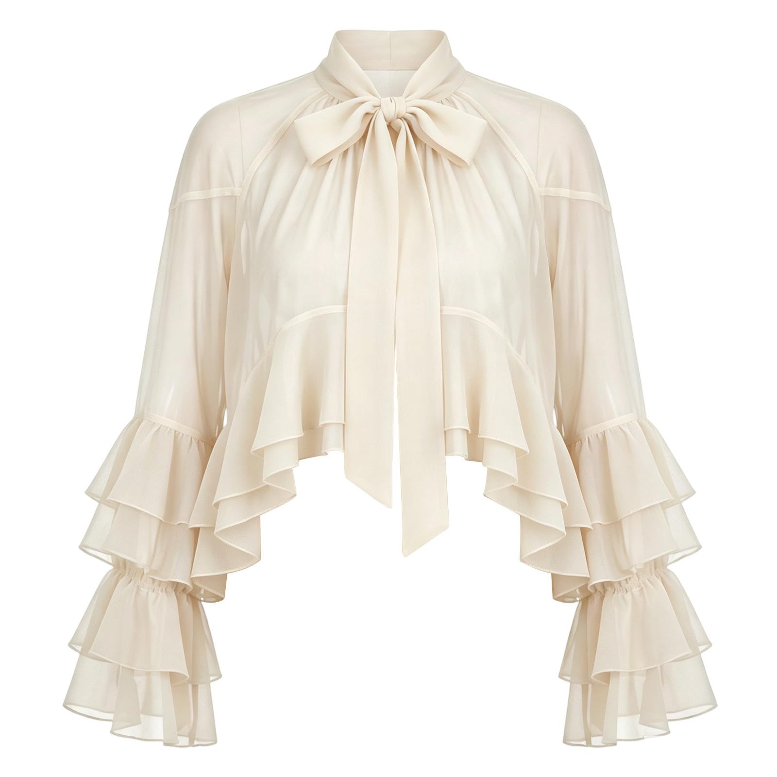 Camicetta da donna in rete, con maniche larghe a tromba e orlo a balze | rete, maniche a tromba, orlo a balze, fluente, trasparente, camicetta in poliestere, versatile, moda da donna, elegante