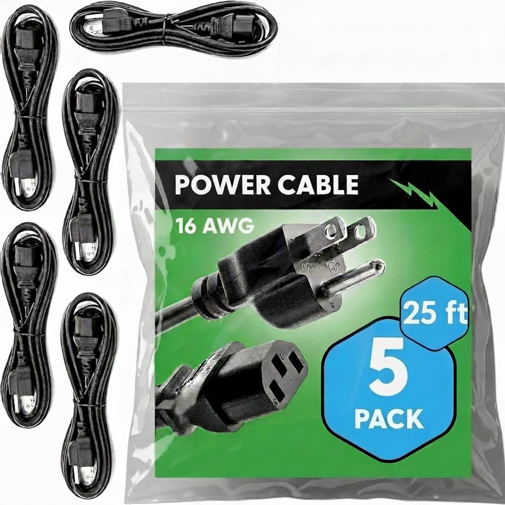 Rebuild Skills 16AWG 25FT 5PK - 16/3 Longer Length C13 Power Cord for Universal Computer Monitors, Printers, Scanners, Projectors, Powered Speakers, Stage Amplifiers, and Home Office