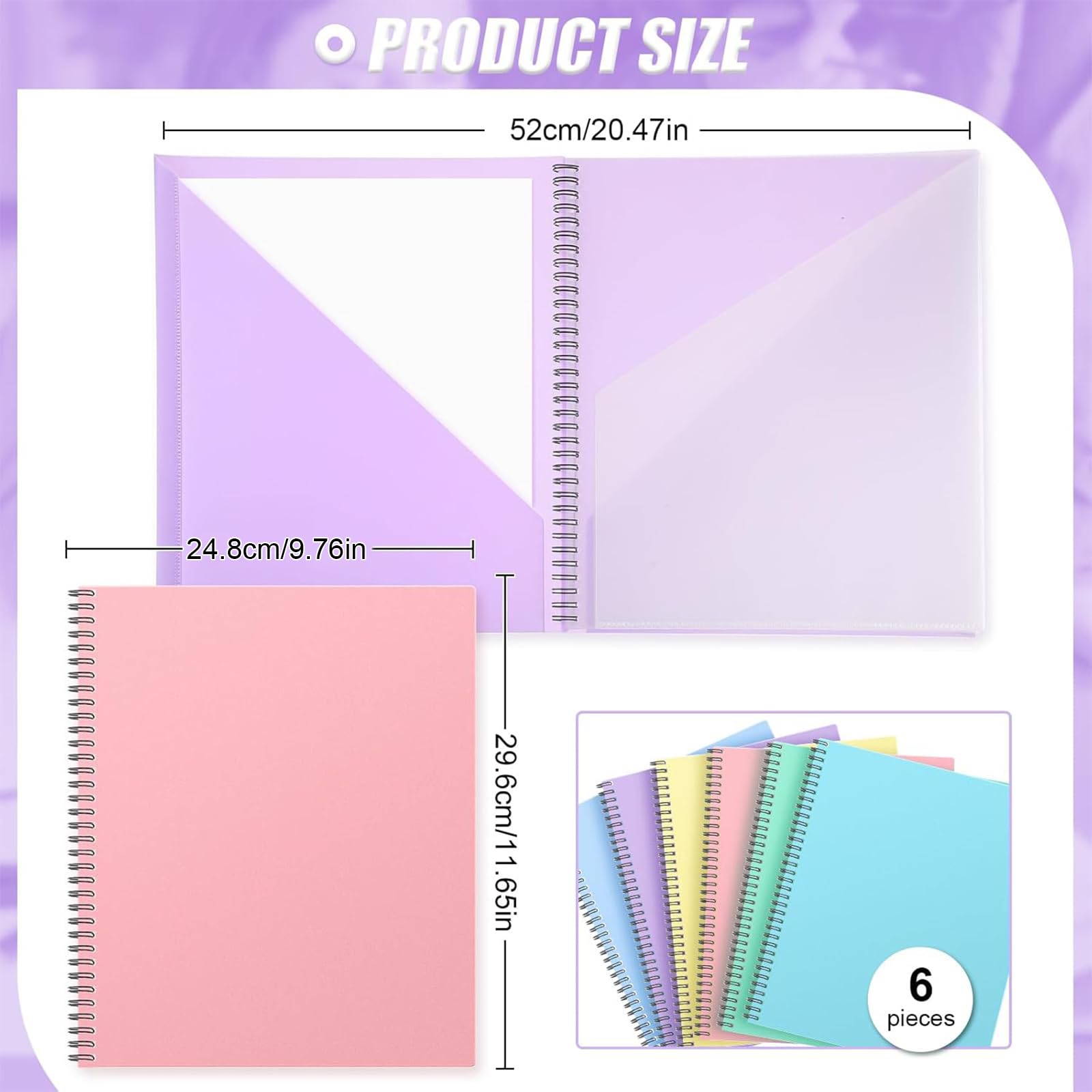 Qilery Lot de 6 chemises à spirales en plastique avec 18 poches pour documents, papiers, devoirs, classeurs, fournitures scolaires et de bureau (6 couleurs)