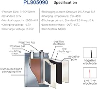 Vista 4 de 3.7V 5000mAh Batería 905090 de Polímero de Iones de Litio Recargable Li-ion Li-Po con Conector PH 2.0mm de 2P