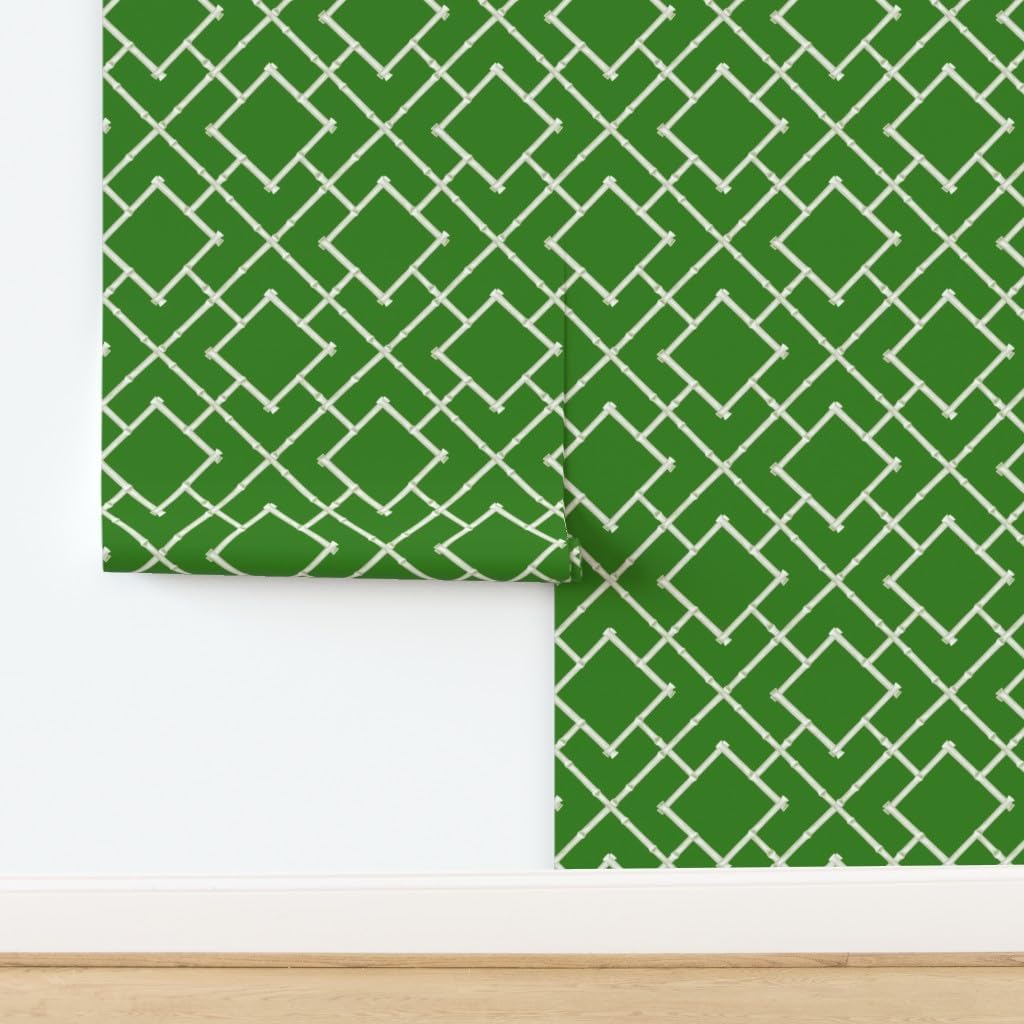 Removable Wallpaper 3ft x 2ft - Bamboo Trellis Green Chinoiserie Asian Chinese Print Classic Traditional Custom Pre-Pasted Wallpaper by Spoonflower