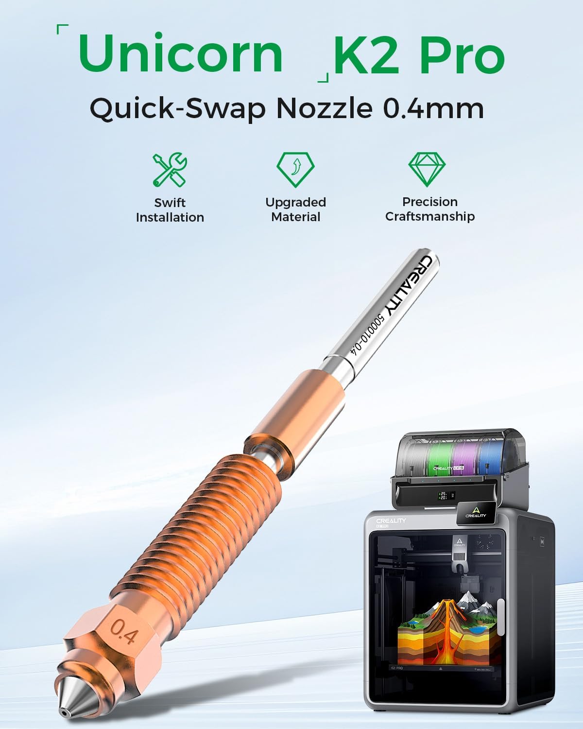 Creality Offizielle K2 Pro Düse Aufgerüstet, 0.4 mm 1 Stück, Größerer Hohlraum, Schnell Austauschbare K2Pro-Düse, Hotend Düsen Ersatzzubehör aus Kupferlegierung und Gehärtetem Stahl für K2 Pro Combo