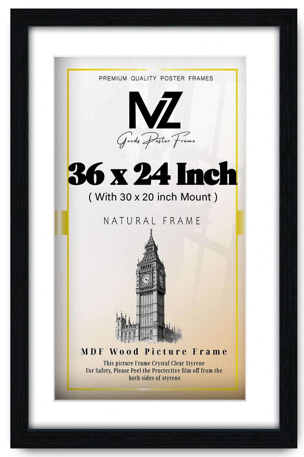 Mz Goods Black | Mdf Elegant Picture Frame (91.44 X 60.96 Cm) With 762 X 508 Mm White Mount Engineered Wood | 24 X 36 Award, Painting, Home & Gallery Display [ ]