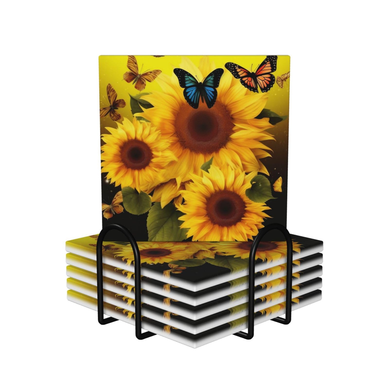 Dessous de verre en céramique lot de 6 avec support métal pour table
