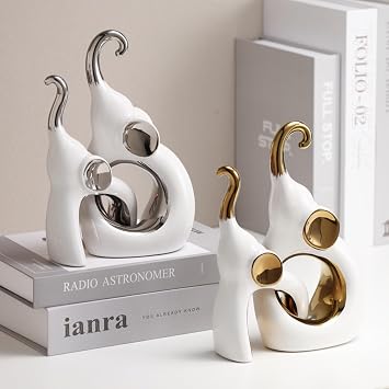 Elephant Deco Sculpture, Modern Ceramic Statue, Table and Home Decor, Silver - for Living Room, Window Sill, Bedroom