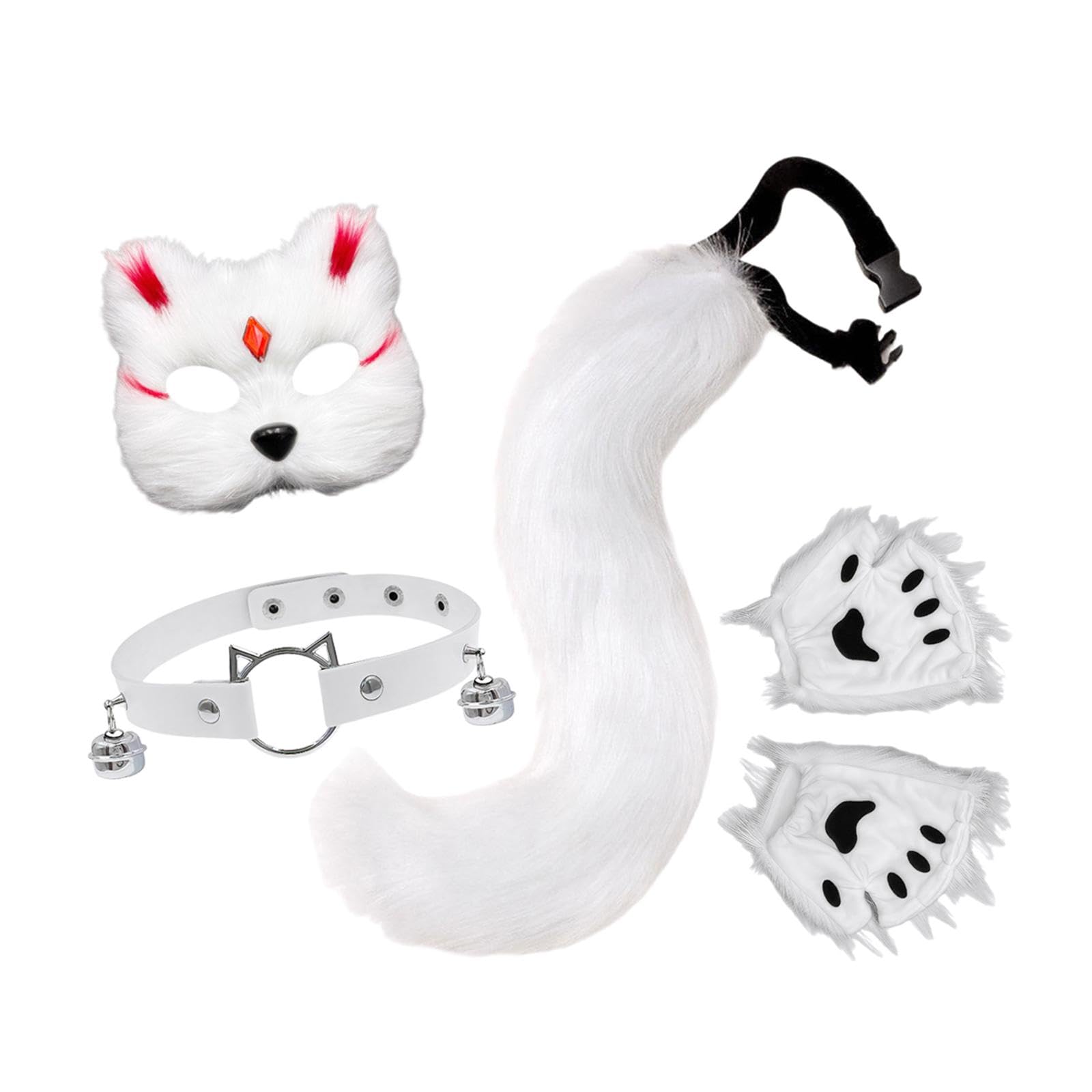 Baoblaze Masque et Queue Chat Renard, Collier pour déguisement, Anniversaire, Mascarade, Spectacle sur scène, Blanc Rouge