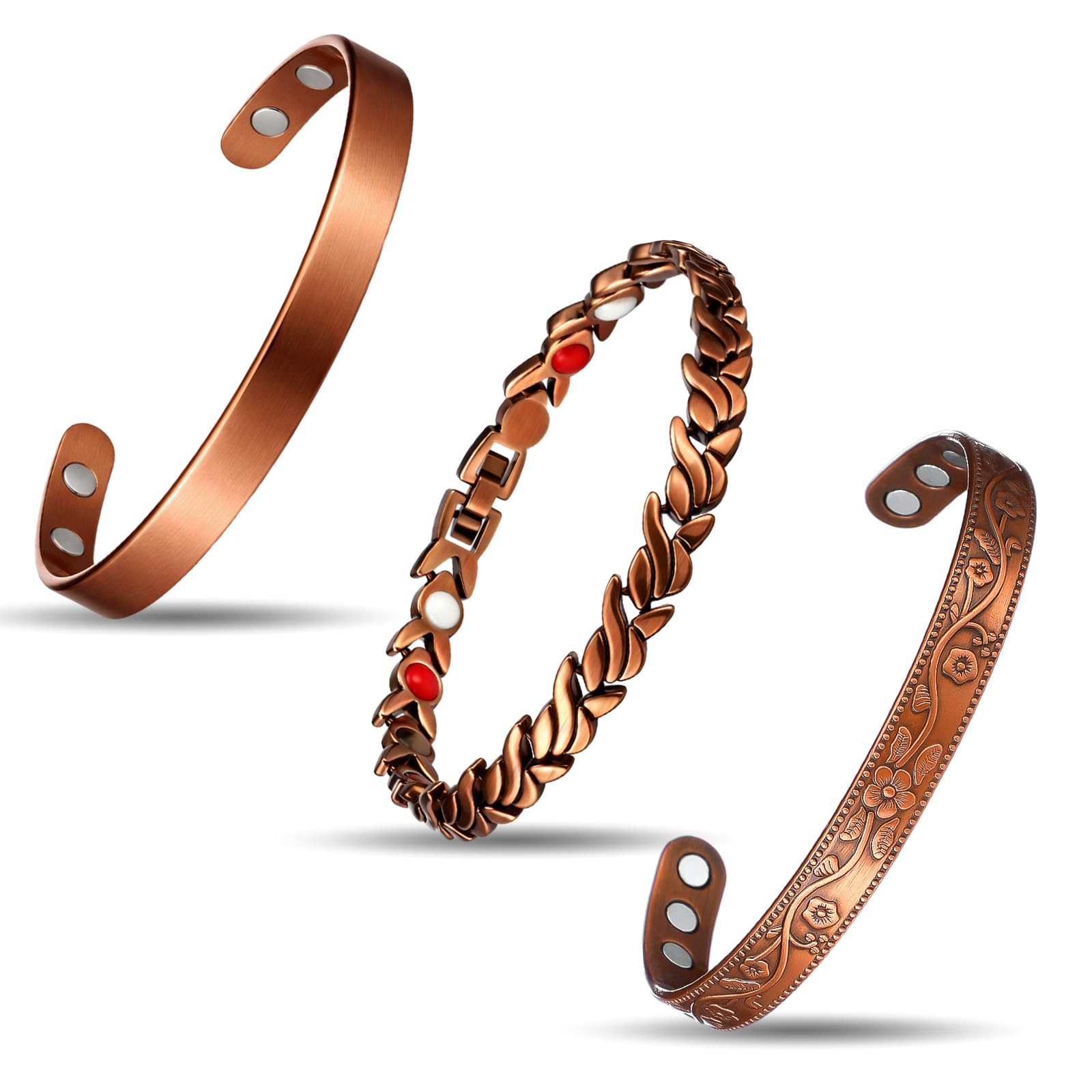 Misdary 3 Pcs Copper Magnetic Bracelets for Women Ultra Strength Magnetic Bracelet with Magnets Natural Turquoise Stones Adjustable Jewelry Gift