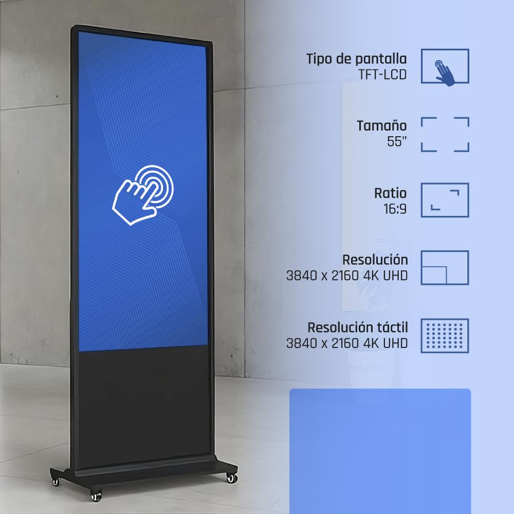iggual Tótem Digital Interactivo Orchid 55" 4K UHD Alto Brillo-Pantalla Profesional de Señalización y Publicidad Táctil-Procesador i3-1115G- Windows 11 Pro-8GB RAM + 128GB SSD-WiFi 2x10W Altavoces