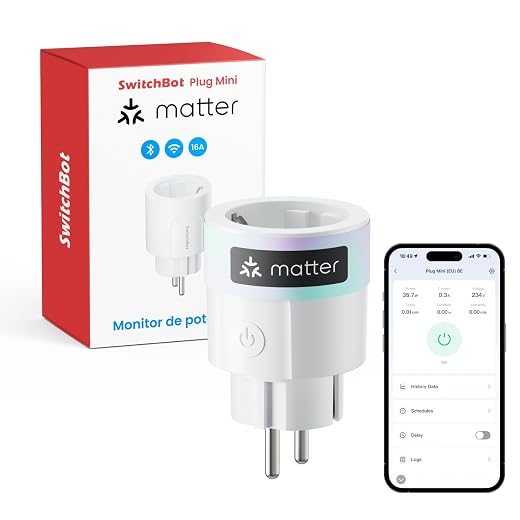 SwitchBot Matter Plug Mini met Energiemonitoring – Wi-Fi & Bluetooth – Compatibel met Alexa, Google Home, SmartThings en Home Assistant – Spraakbediening en App-toegang op afstand – 16A