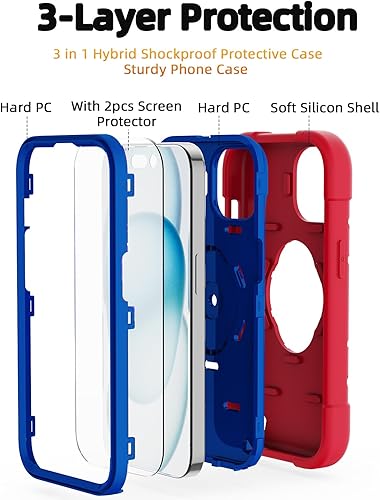 Miniatura 3 de KCJ Funda compatible con iPhone 15 Plus14 Plus con 2 protectores de pantalla soporte de anillo silicona suave + policarbonato duro, protección de