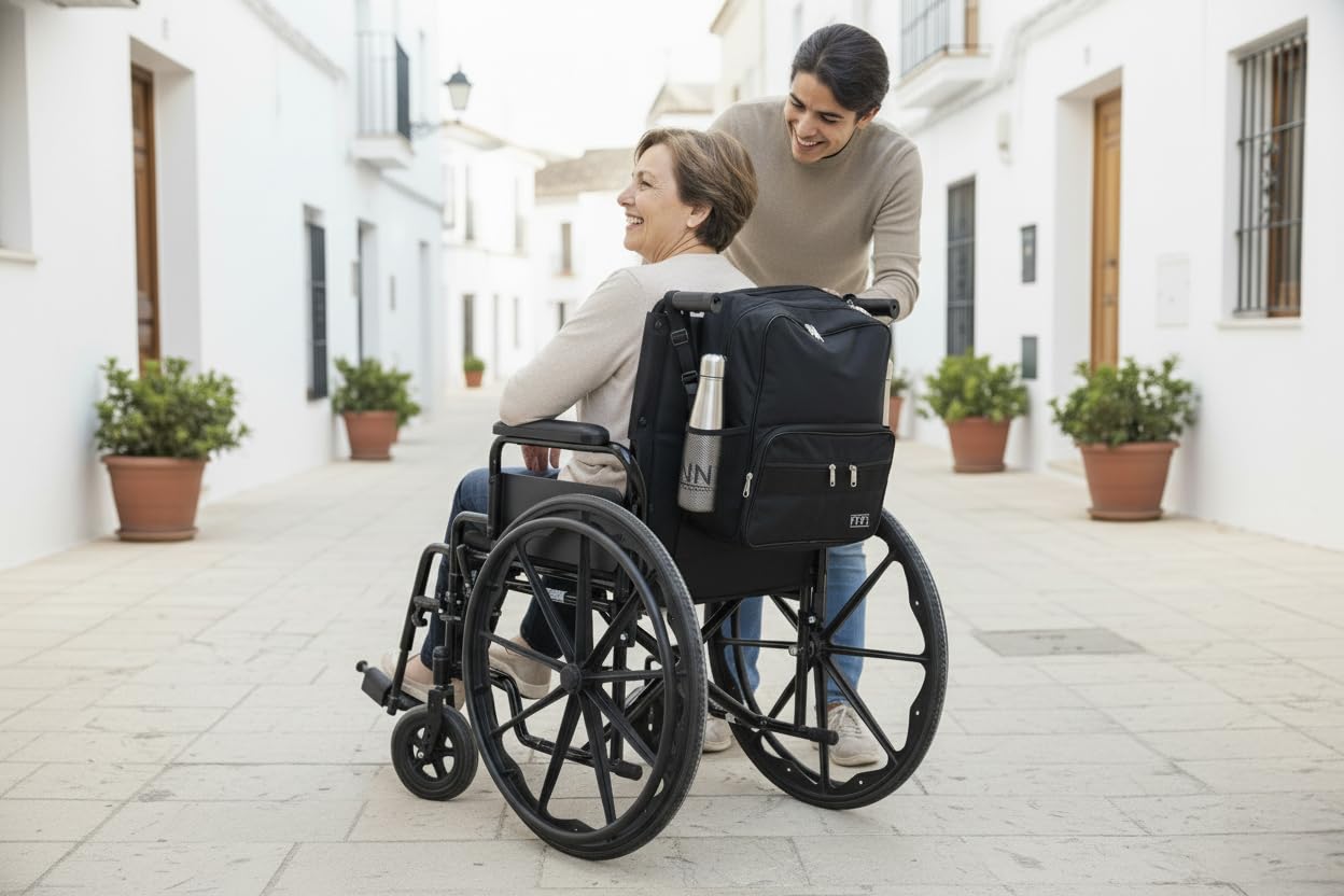 PEPE Mobility - Torba na wózek inwalidzki, plecak na tył wózka inwalidzkiego, pojemna torba do przechowywania akcesoriów do wózków inwalidzkich, wytrzymała, praktyczna, czarna