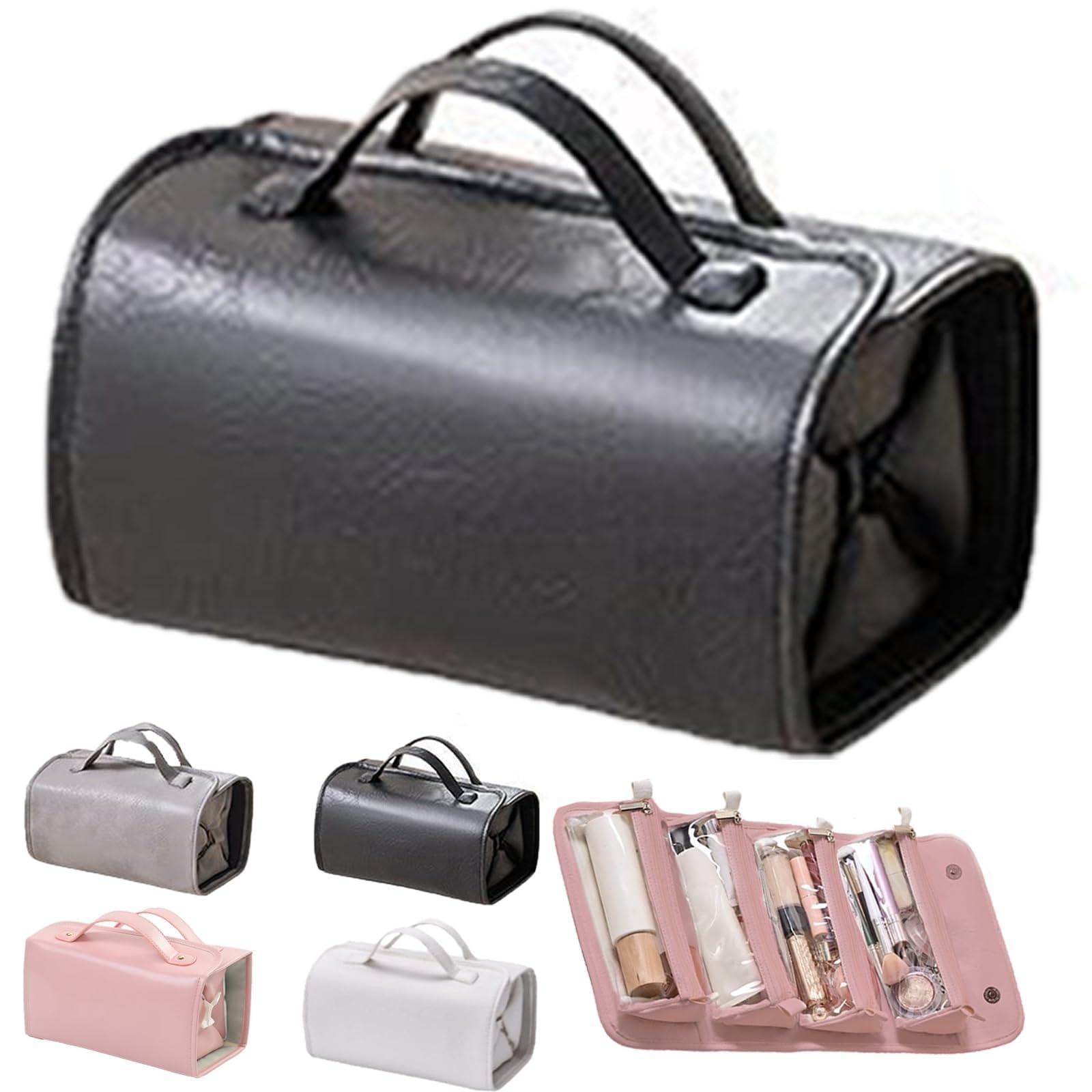 Skórzana wodoodporna kosmetyczka odpinana 4 w 1, przenośna skórzana, duża pojemność, konstrukcja(Black)