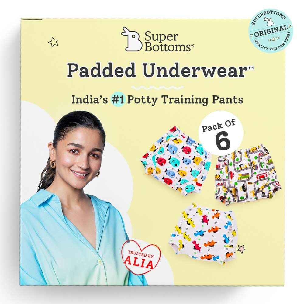 SuperBottoms Padded Potty Training Pants for Babies/Toddlers - Size 1 (For 1-2 Years) - Unisex Pull-Up Underwear for Boys/Girls - Semi-Waterproof Night Diapers/Pee Underpants - 6PCS - Striking Whites