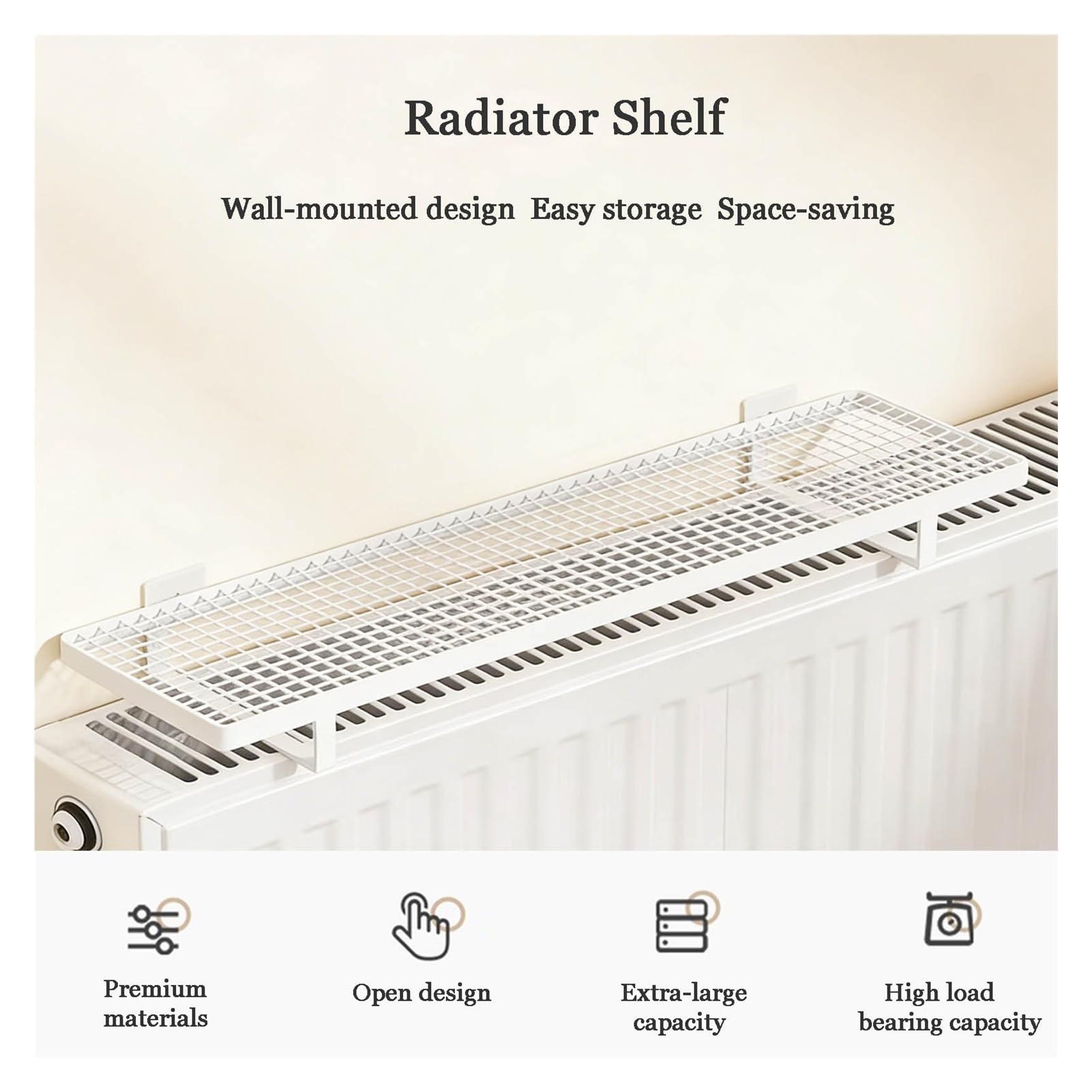 Scaffale per termosifone, bianco, senza trapano, 45 x 15 x 3 cm, ideale per organizzare la camera da letto, decorazione domestica, oggetti vari, supporto multifunzionale per ornamenti