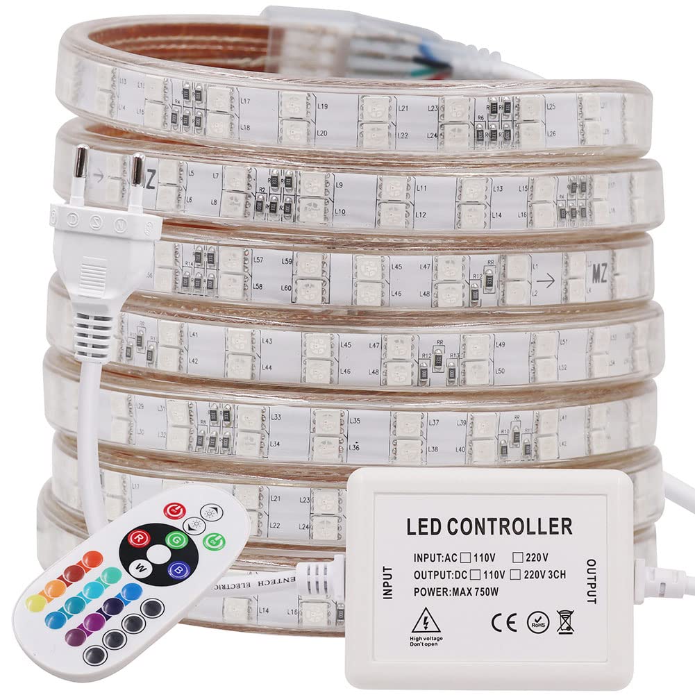 Doppelreihe RGB LED Streifen, 7M 230V SMD5050 120LEDs/m Flexibler Bunt Streifen, Innen Multi-Farbwechsel LED Lichtband mit 24 Tasten Fernbedienung und 750W RGB Regler für Schlafzimmer, Schrank