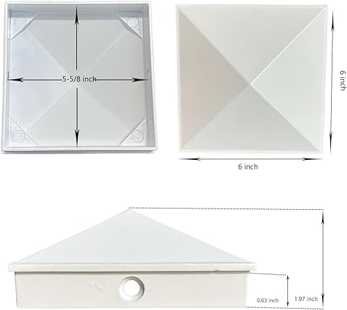 Miniatura 3 de Tapas de poste de valla blancas de 6 x 6 pulgadas, tapas de pirámide de aluminio con recubrimiento en polvo para postes nominales de madera de 6 x 6