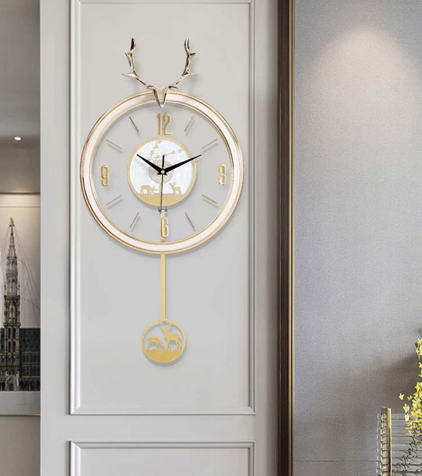 MYUYEE for Living Room, Nordic Deer Art Modern Silent Non-Ticking Hollow-Carved Pendulum Wall Clock, ation Bedroom Office Kitchen,32 cm x 63 cm,32 Cm X 63 Cm (32 Cm X 63 Cm)