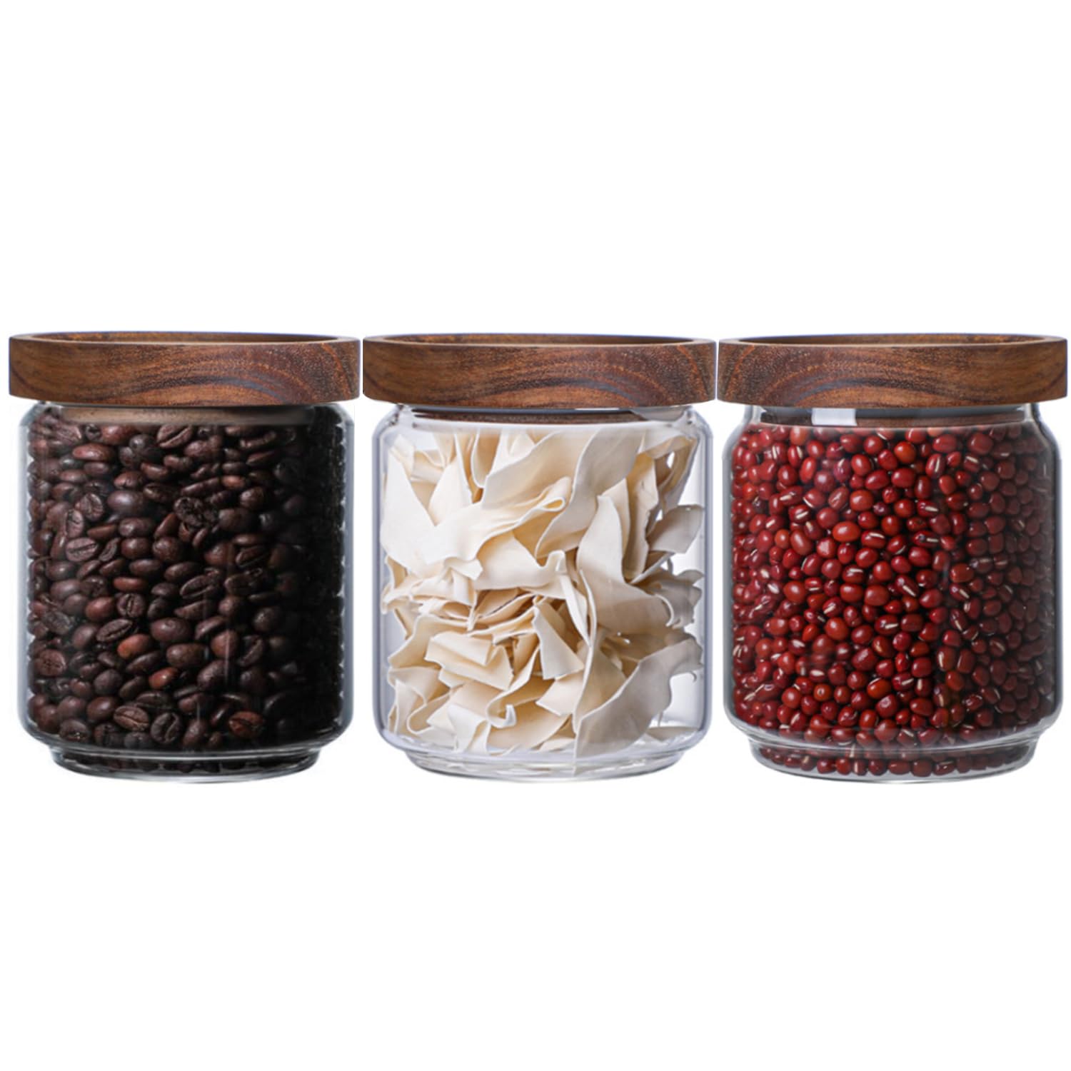 500ml Glass Storage Jars with Airtight Wood Lids - Stackable Food Storage Containers for Pasta,Coffee Beans,Cereal,Flour - Set of 3,Flour 500ml