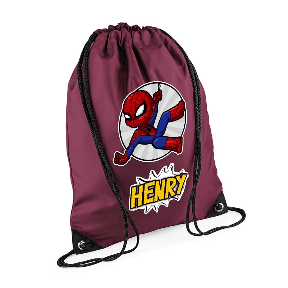 Superhero Bag, Personalised Backpack, Gift For Kids, Boy, Cartton Character Bag, Birthday, Christmas Drawstring Bag, PE Gym Kit Swimming, Sport Rucksack. (Burgundy) โ image 1