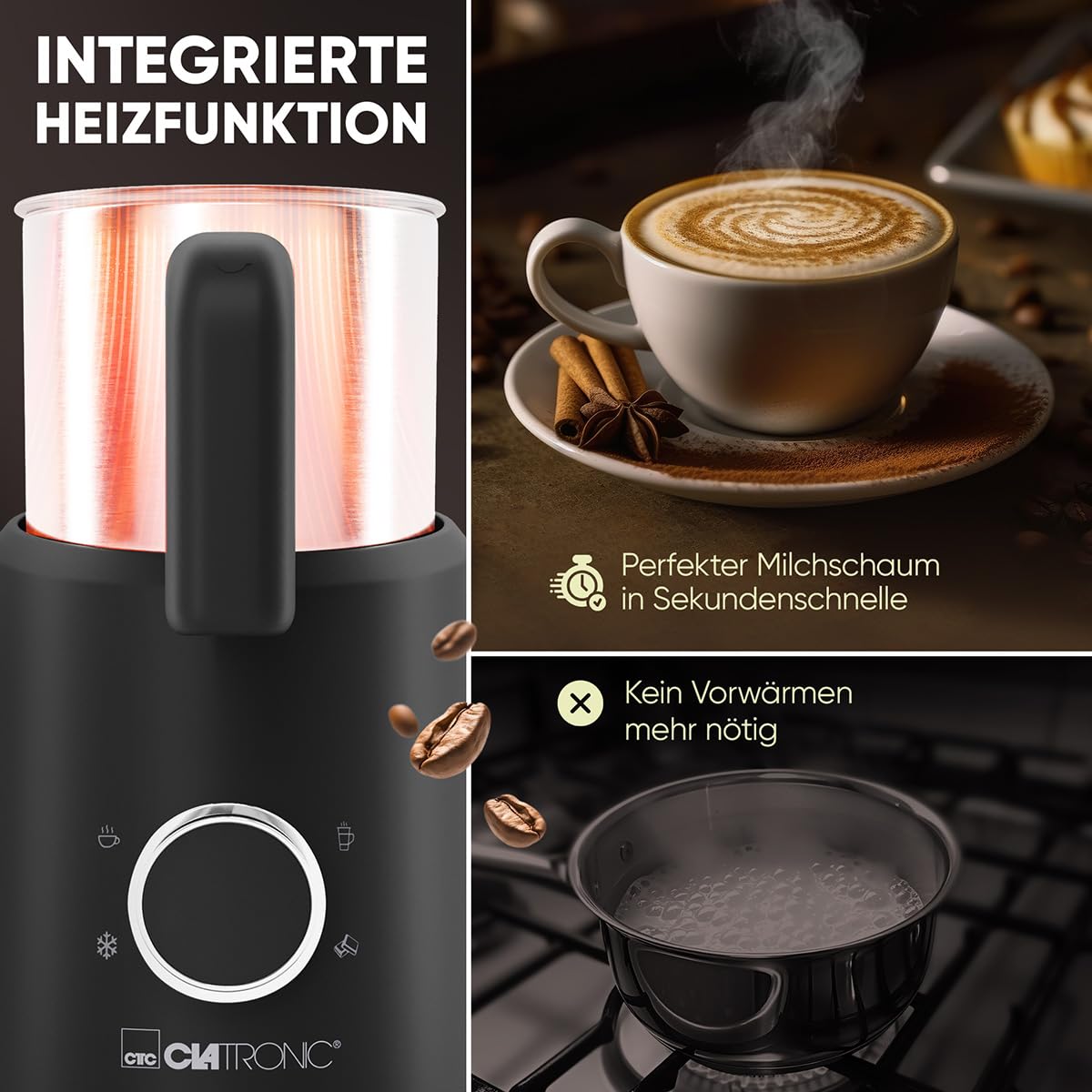 Clatronic® Electric Milk Frother with Heating Function, Hot & Cold Foam, for Dense Creamy Foam, Milk Frother, No Preheating, 25 oz Milk Frother