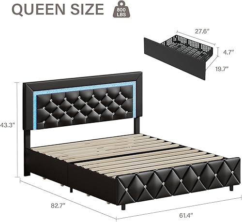 Miniatura 2 de Base de cama de tamaño queen con luces LED, base de cama tapizado con cajones de almacenamiento, cama de plataforma moderna con cabecera y estribo