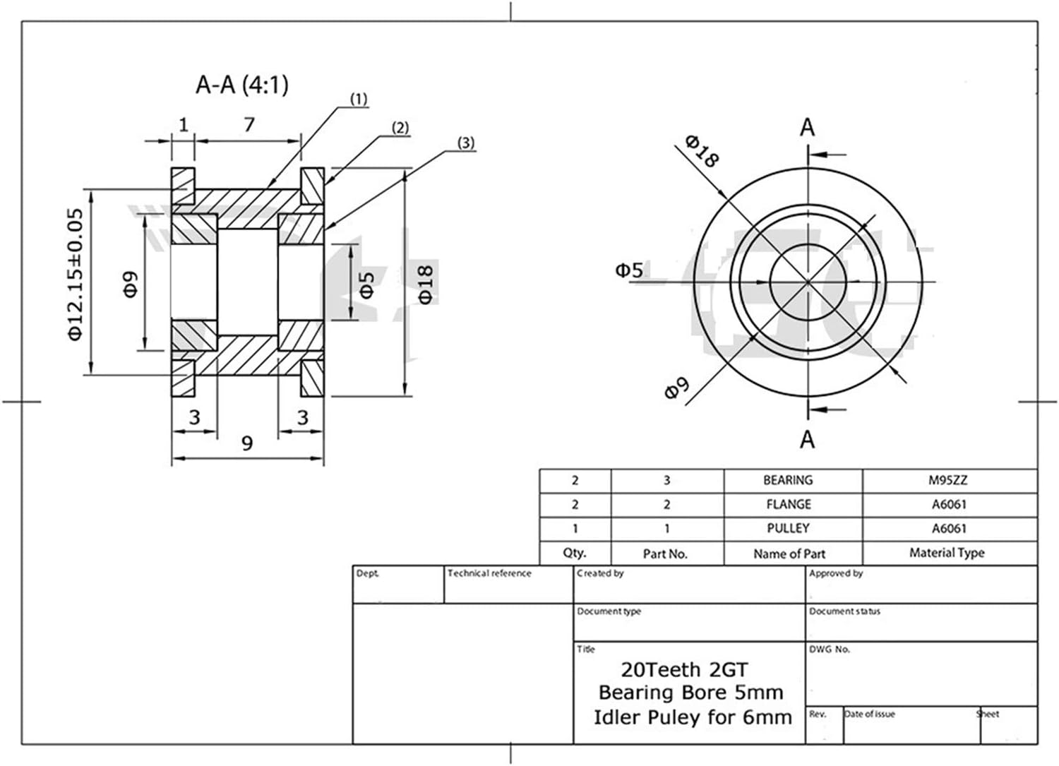20Teeth Idler Pulley Bore 5mm GT2 LL2GT RF Open Timing Belt Auart