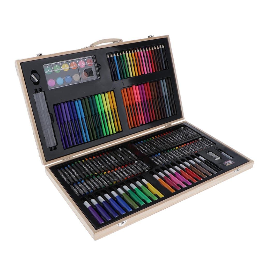 Kit de dessin professionnel de 180 pièces pour enfants de 9 à 12 ans | Boîte en bois avec crayons de couleur, stylos aquarelle, tige de cire, peintures pour artistes débutants | Portable