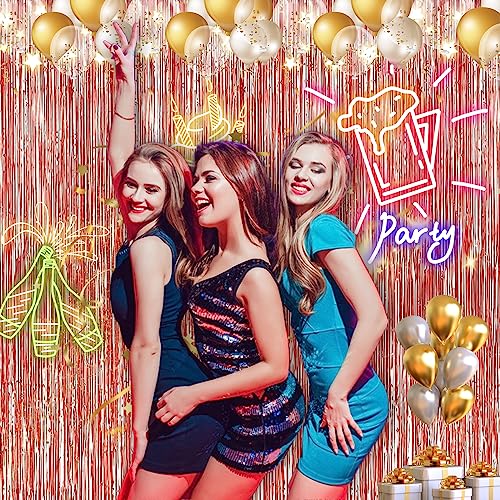 Image of 2 Pack 3.28 ft x 6.56 ft Rose Gold Tinsel Curtain Party Backdrop Decorations, Metallic Foil Fringe Backdrop Door for Halloween, Christmas, Birthday Graduation Wedding Party Streamers Photo Backdrop.