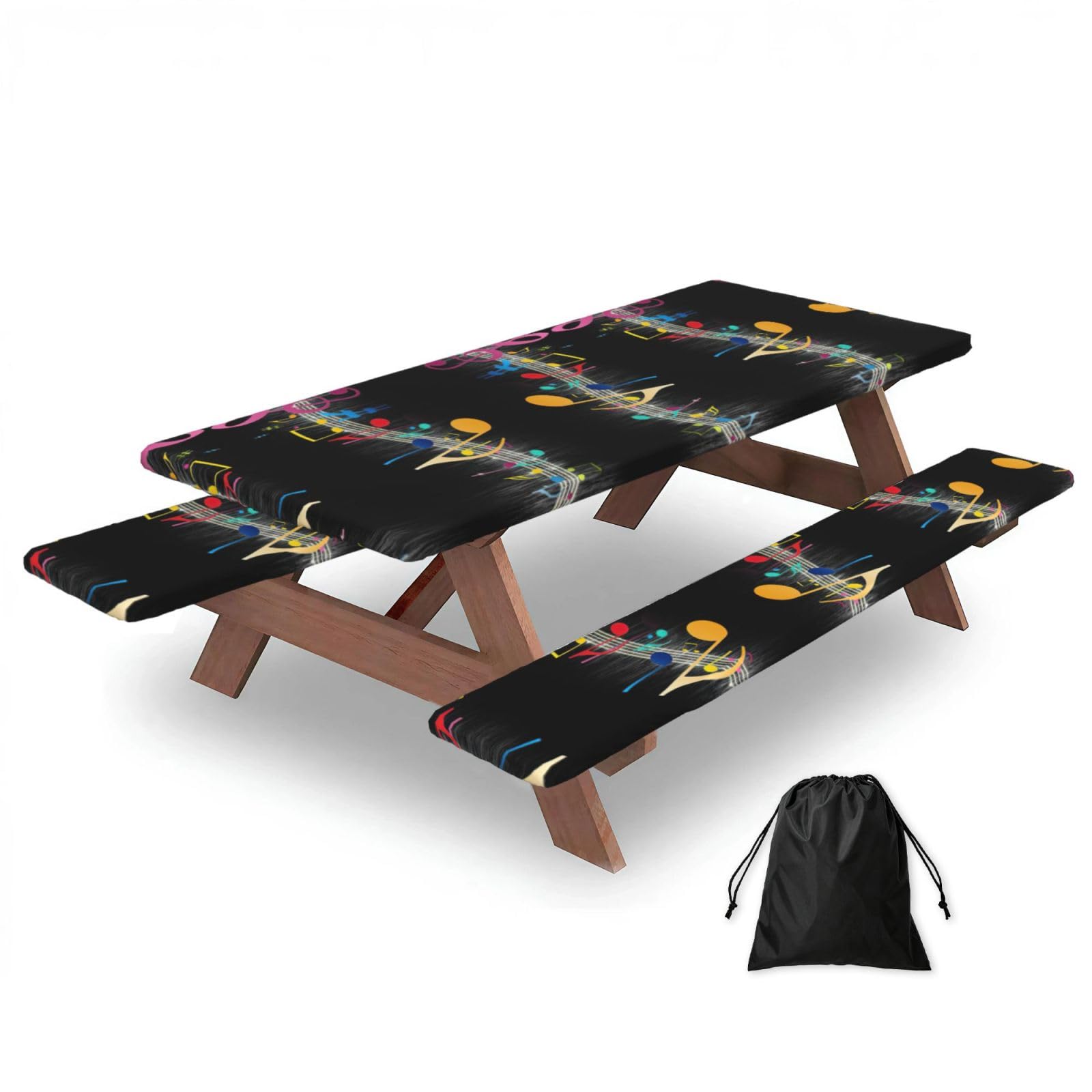 Zyjhyy Black Colorful Musical Note Print 3 Pack Wipeable Picnic Bench Cover And Table Cover Lightweight Table Cloth For Camping Outdoor
