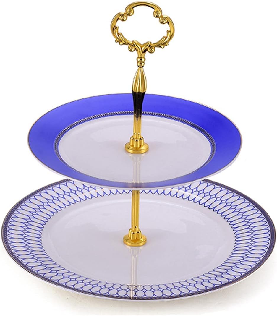 Cake Stand High-end Cake Stand Afternoon Tea Snack Stand Blue Pattern Cake Tray Ceramic Double Layer Cupcake Stand for Wedding, Party, Banquet Cake Holder (Color : B)