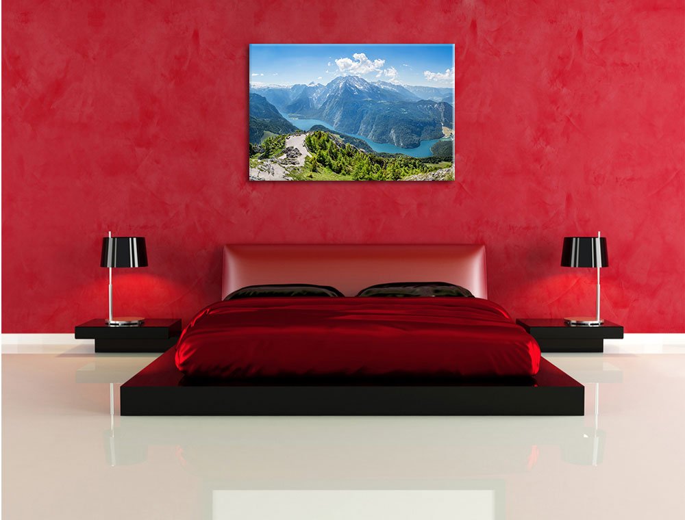 Pixxprint Blick vom Berg über dem Königssee in Bayern, Größe: 120x80cm, Leinwandbild, fertig gespannt, Wandbild, Dekoration, Kunstdruck, kein Poster