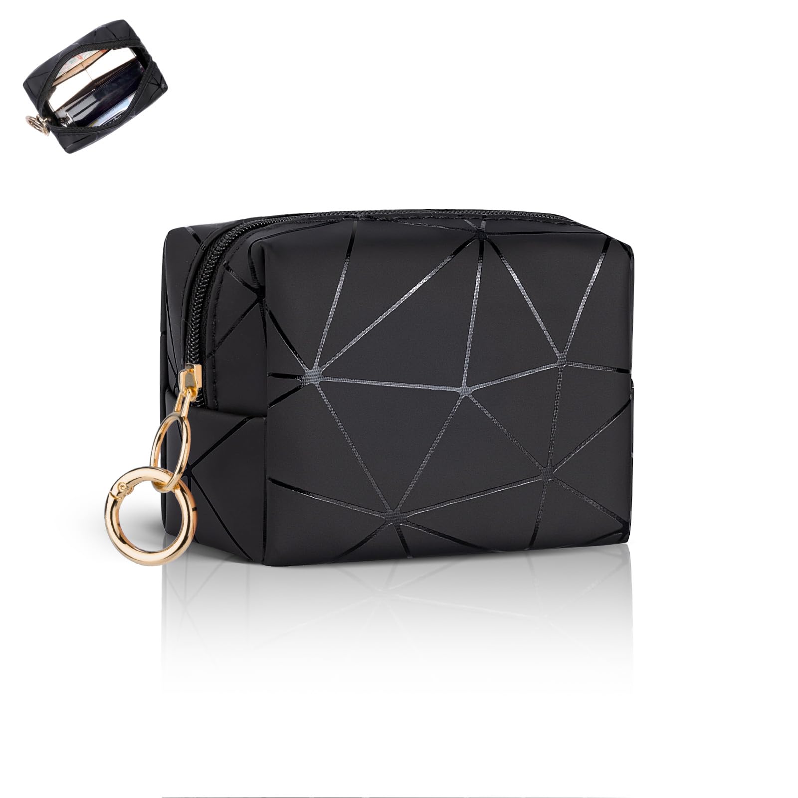 Playexen Mini Makeup Bag, Small Cosmetic Bag for Purse with Ring Buckle, Portable XS Travel Makeup Pouch for Girls Women Daily Use (Black)