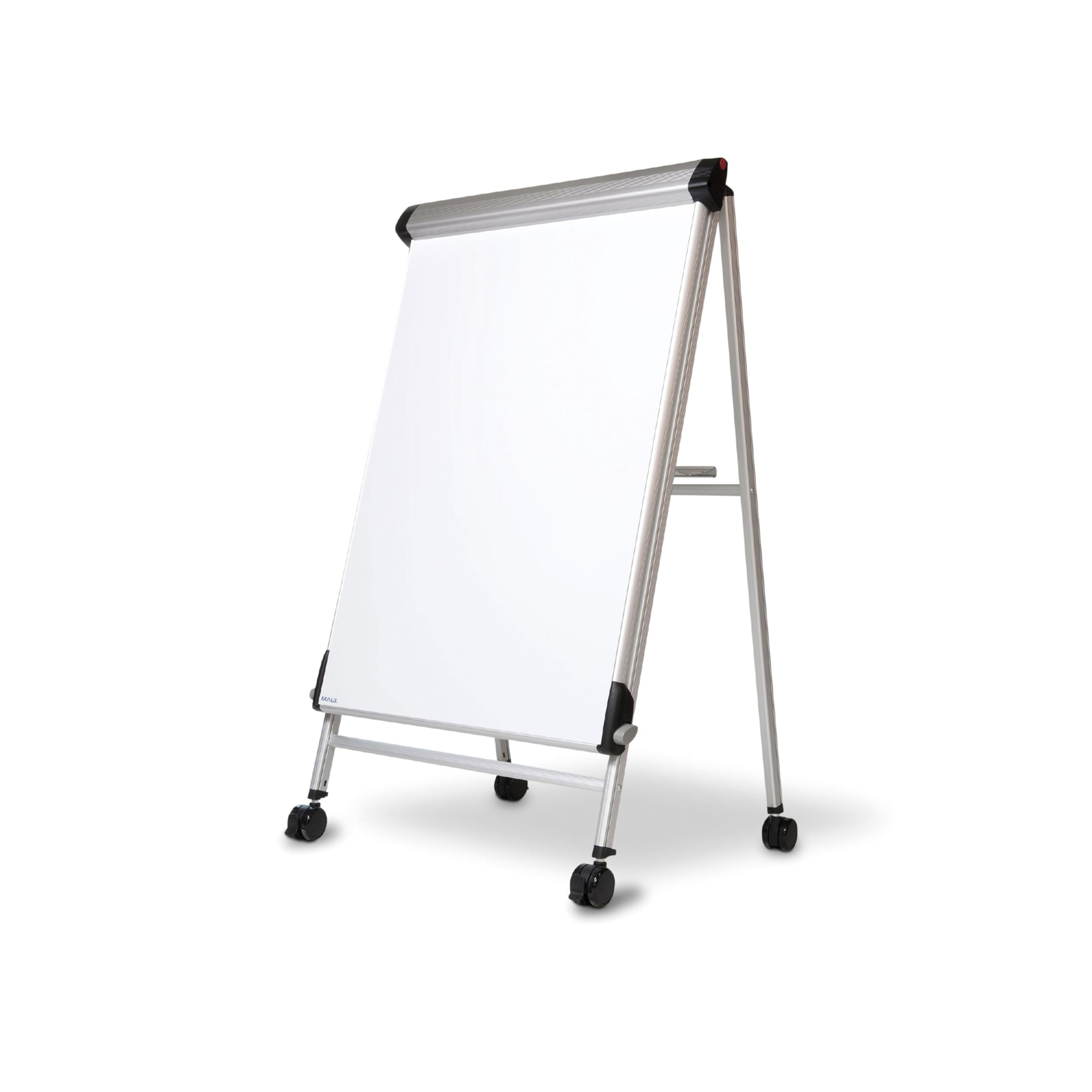 MAUL Flipchart mobil silber MAULpro stufenlos verstellbar auf Rollen | stabiler Alurahmen, flexible Arbeitshöhe, magnethaftende Schreibfläche, trocken abwischbar, breite Ablageschale