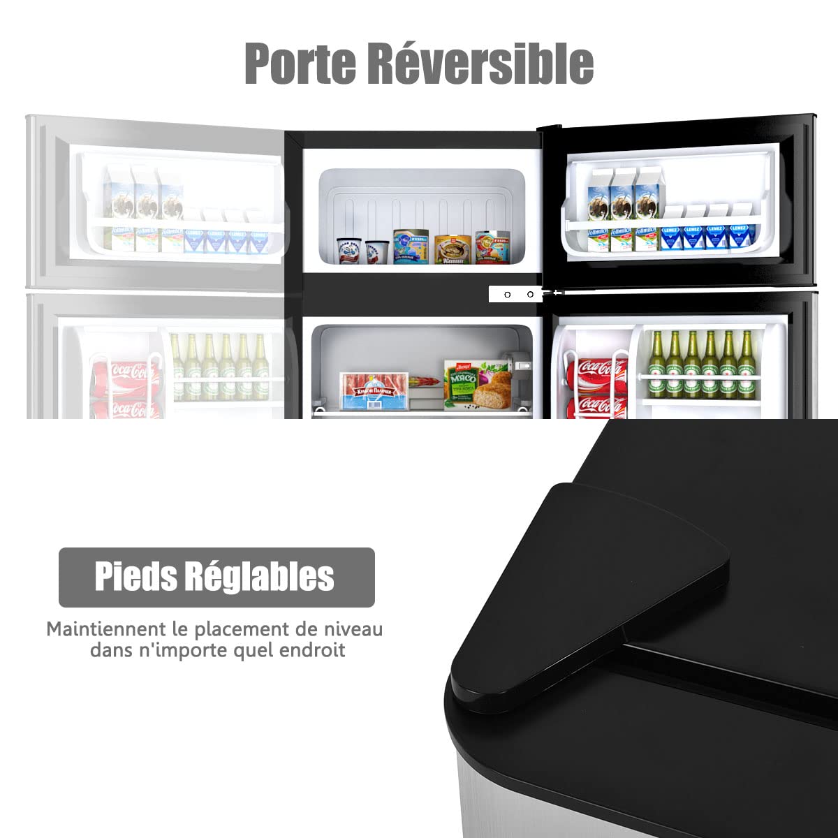 RLEAX4LIFE Frigo Réfrigérateur Rétro 90L Double Porte, Congélateur 27L, Refroidissement 0℃ à 10℃, Température de Congélateur -15℃, Bac Légumes, Compartiment Bouteilles (90L, Gris)