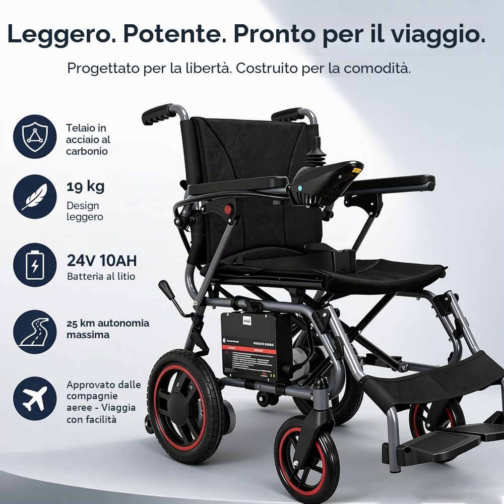Sedia A Rotelle Elettrica Piegabile Per Adulti,Sedia A Rotelle Elettrica Autonomia 25 KM, Tutto Terreno, Per Anziani, Portata Massima 150 Kg, Colore Nero
