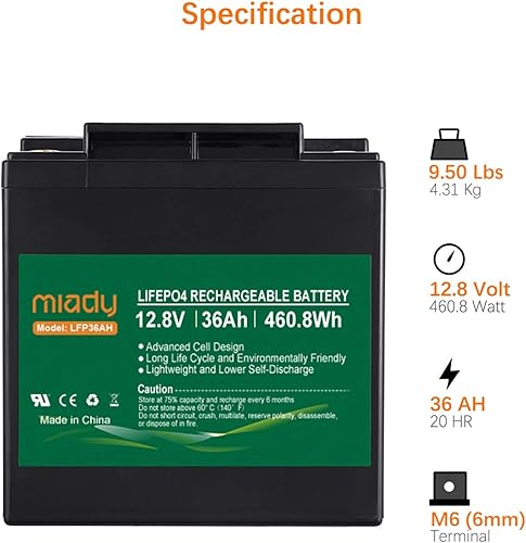 Miniatura 2 de Miady Batería de fosfato de litio de 12 V 36 Ah, batería LiFePO4 ligera de más de 2000 ciclos, batería de repuesto para aplicaciones de energía