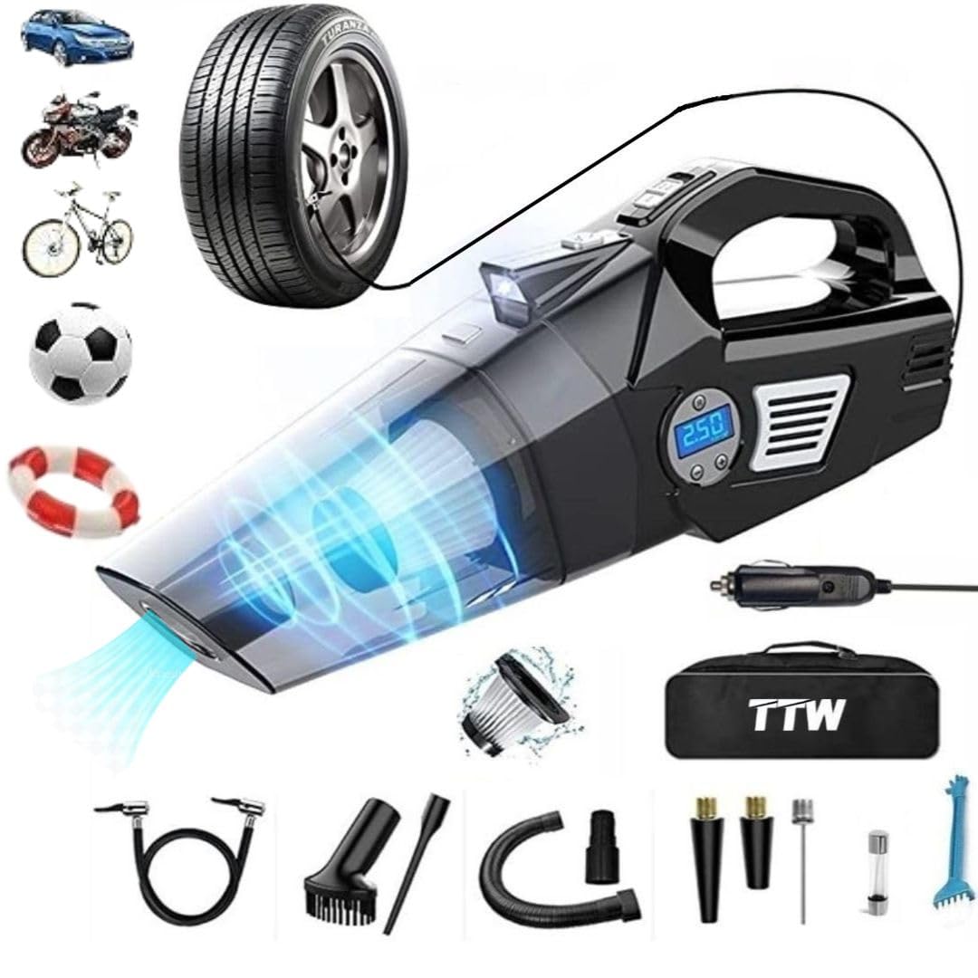 TTW Aspirador Coche 4 en 1 compresor de Aire 150 PSI Aspirador de Mano 12v 120W con compresor Aire portátil Coche con luz led inflador Ruedas Coche aspiradora de Mano