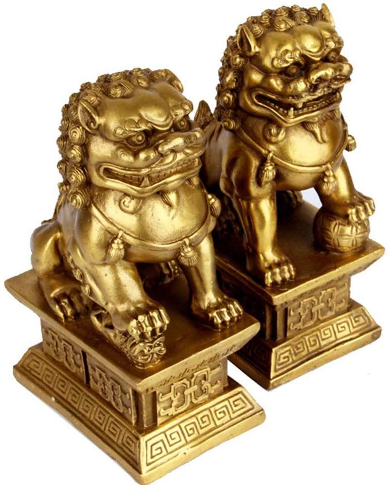 Feng Shui Statua in ottone Leone Ricchezza Porsperità Ornamento Coppia di fu Foo Cani Guardiano Scultura, Leone Posizionamento per interni Decor Figurina Migliore Congratulazioni per l'inaugurazione